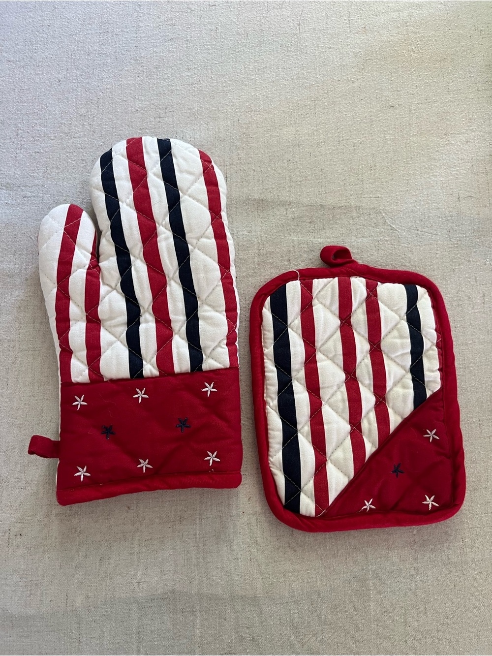 Quilted Nautical Striped Oven Mitt & Pot Holder Set Red White Navy